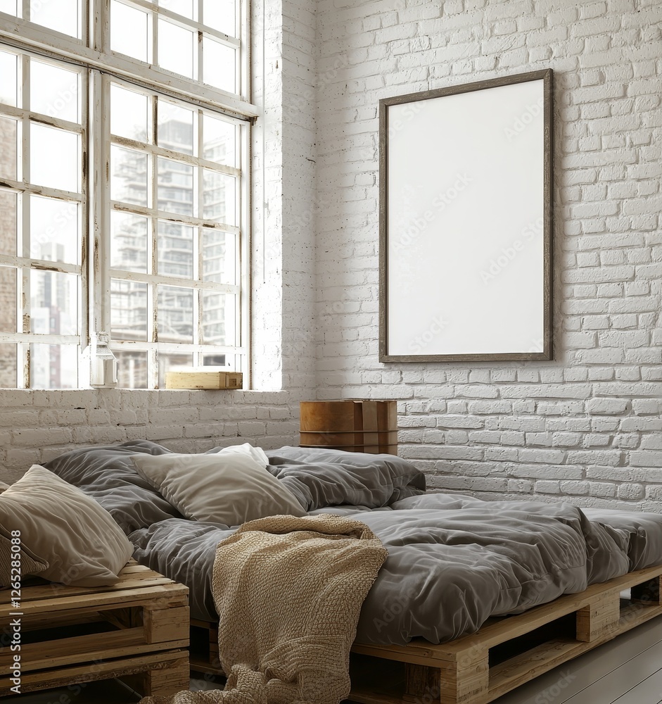 Poster a mock-up poster is set against a hipster interior background in a 3d rendering