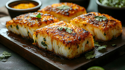 Grilled cod with herbs kitchen food photography culinary art close-up flavor explosion
