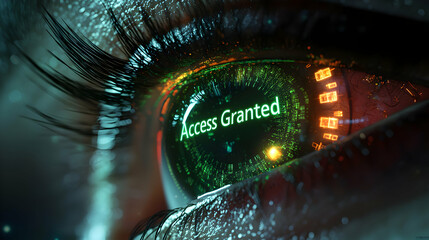 Futuristic eye scan shows access granted message digital realm close-up tech environment macro viewpoint cybersecurity concept