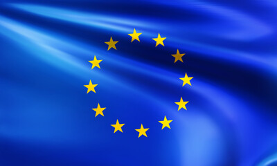 Realistic wavy European Union flag closeup. Yellow EU stars in circle on blue flag. Symbol of Europe. 3d vector illustration