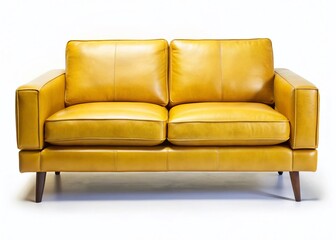 Fototapeta premium Yellow Leather Two-Seater Sofa, Modern Design, Isolated on White Background, PNG Cutout