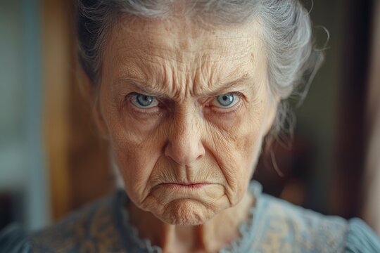 Intense expression of an elderly woman with piercing blue eyes in a vintage setting