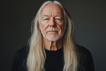 Fototapeta premium Portrait of a senior man with long gray hair and a calm expression against a plain background