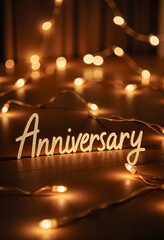 Glowing anniversary sign among fairy lights, celebration atmosphere