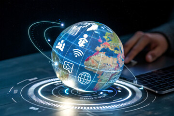 Holographic globe with technology symbols rotating around it