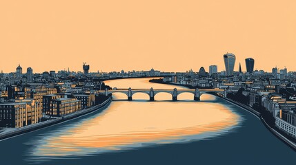 Obraz premium A serene cityscape at sunset, showcasing a river, bridges, and modern buildings enveloped in warm hues.