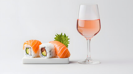 crisp glass of rose wine paired with fresh sushi rolls, featuring salmon and avocado, garnished with green leaf. Perfect for light appetizer