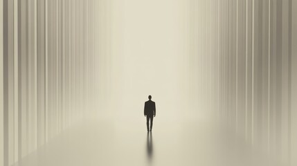 Man walking towards light in columned hall; future uncertainty