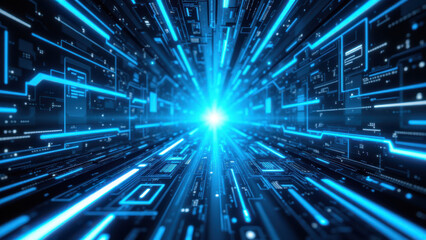 Obraz premium Futuristic digital space with blue neon coding lines and abstract representations of ci/cd, docker, kubernetes, and devops concepts.