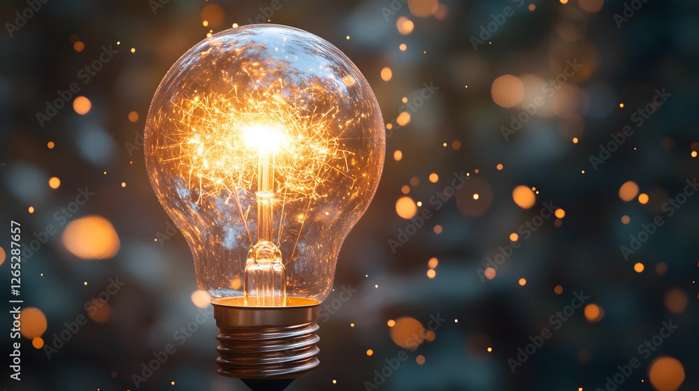 Aufkleber illuminated light bulb with glowing particles in a dark background