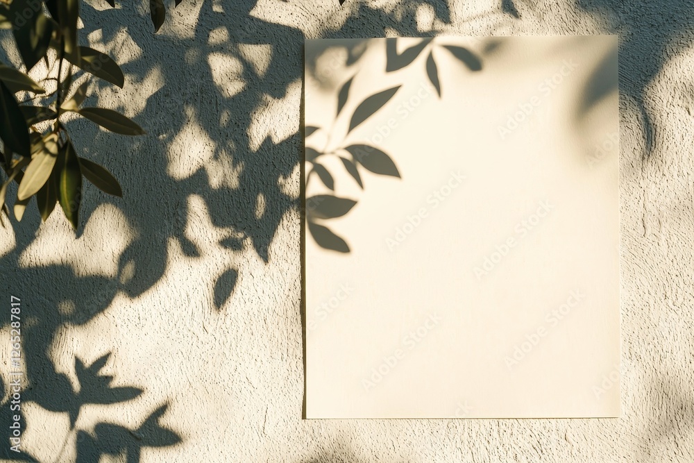 Aufkleber a vertical poster mockup with a white empty rectangle and hawthorn leaves casting soft shadows on a 
