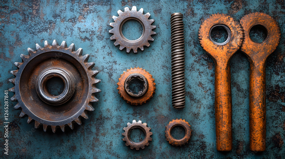 Poster Rusty gears and tools arranged on a textured surface