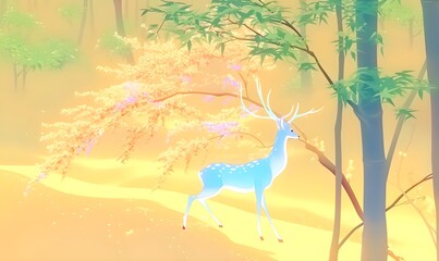 A pure white male deer adorned with pastel spots that radiate nobility