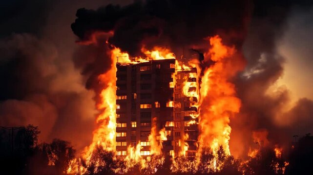 Massive fire engulfing a residential high-rise building at night, with intense flames and thick smoke filling the sky. A dramatic scene of destruction, emergency, and disaster response