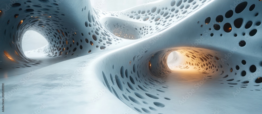 Poster abstract futuristic architecture with glowing tunnels and perforated walls.