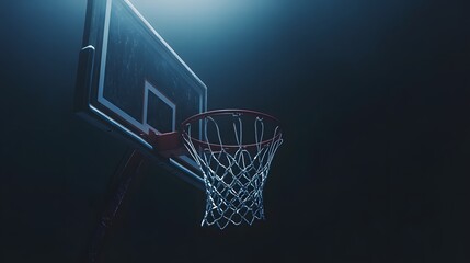 basketball hoop and net detail under spotlight on black background, professional basketball sports poster theme showing goal closeup representing competition, challenge and success scene