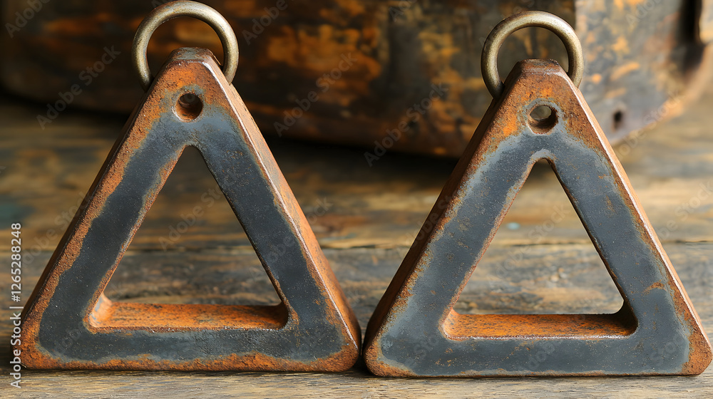 Poster Rusty triangular metal objects hanging on a wooden surface