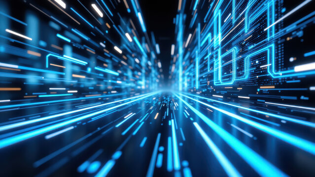 High-tech blue abstract digital data streaming with DevOps theme.