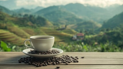 Coffee cup, terrace, mountain view, beans, tranquility