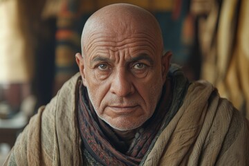 Man with seasoned expression wearing traditional attire in an ancient setting conveying wisdom and experience during daytime