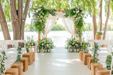 Rustic Country Wedding Altar Set by a Serene Lake With Beautiful Wildflowers, Wooden Arch, and Charming Hay Bales