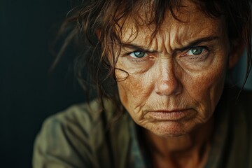 Obraz premium Expression of resilience in an intense portrait of a woman with striking features in a close-up shot