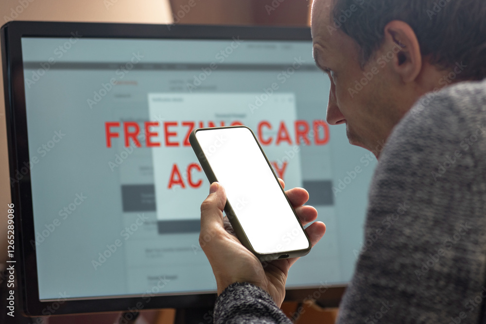 Poster angry man with blocked financial limit screaming while talking with bank tech support. man at comput