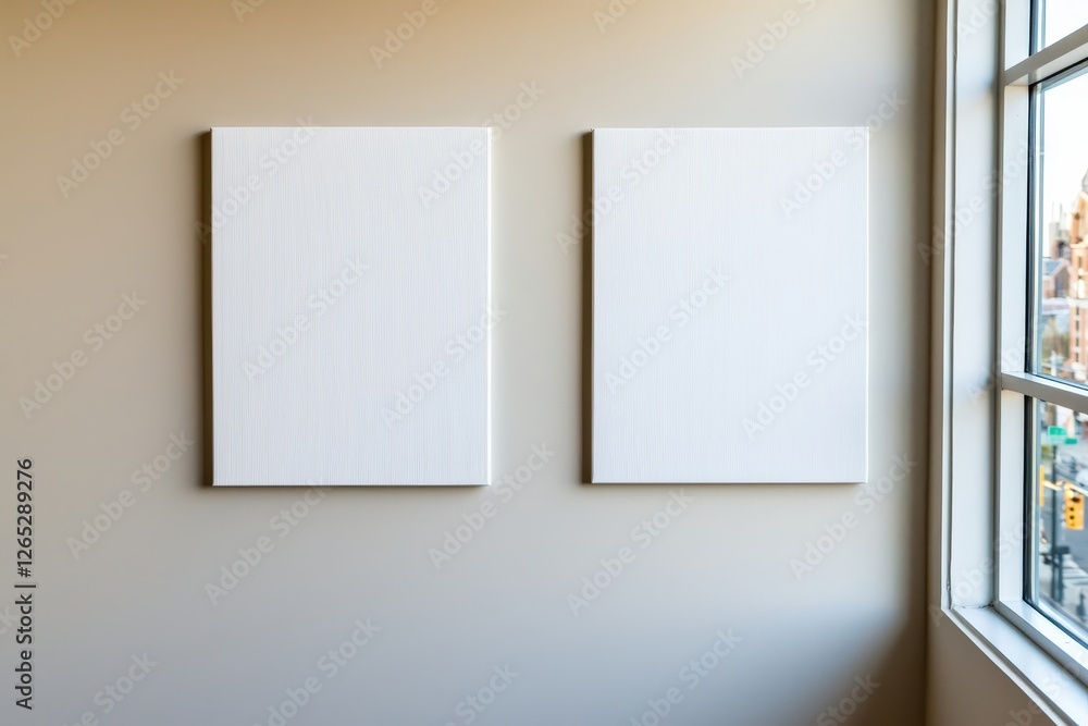 Poster two vertical white rectangle poster mockups with no content and soft shadows are set against a light