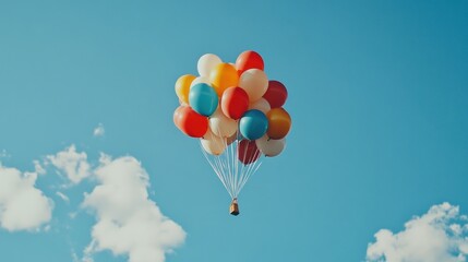 Fototapeta premium Colorful balloons ascending, blue sky, clouds, celebration