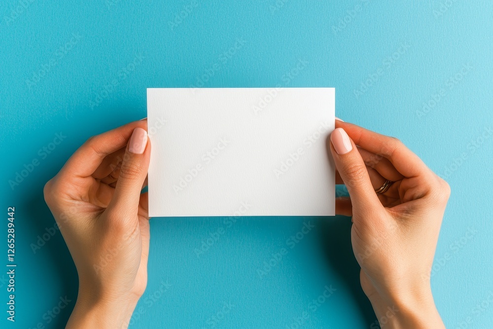 Poster a hand is grasping a white blank sheet of paper that is isolated on a blue background and includes a