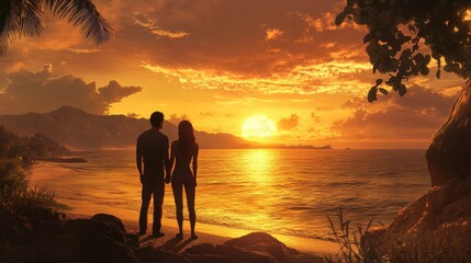 Couple silhouetted against a vibrant sunset over tropical ocean. Ideal for romance, travel, or vacation themes.
