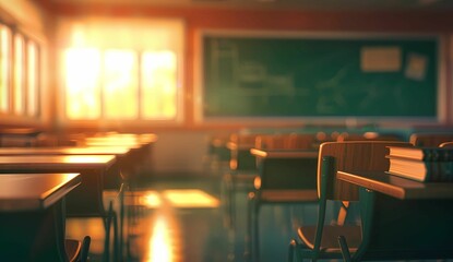 blurred background of an empty school classroom