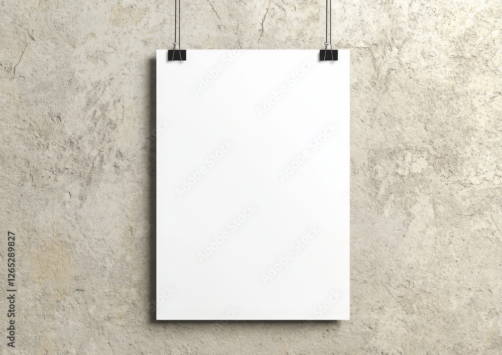 Poster a 3d rendering of a white poster hanging isolated by strings on a wall mockup