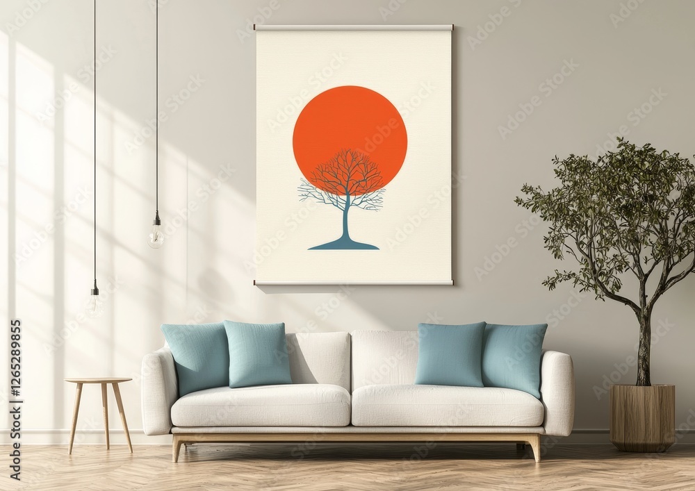 Poster d rendering of isolated white poster hanging on wall by strings in mockup