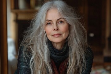 Fototapeta premium Elegant woman with long silver hair poses warmly indoors surrounded by soft lighting