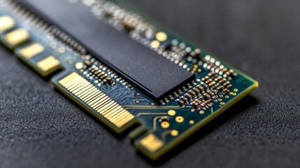 Close up macro view of a modern solid state drive - ssd - m.2 nvme pcie, highlighting its intricate microchips, gold connectors, and electronic components, showcasing advanced technology