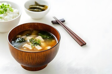 Japanese breakfast with miso soup rice and pickles served in a wooden bowl.
