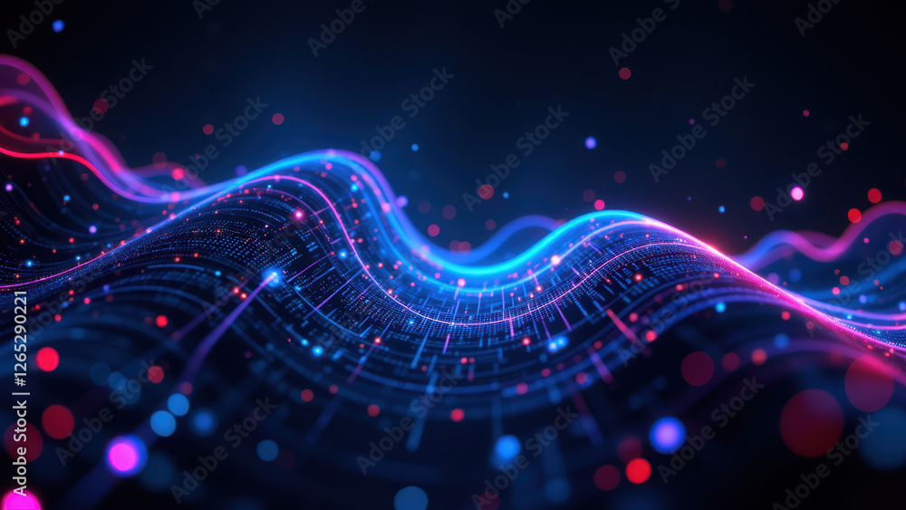 Poster a dynamic digital illustration with colorful abstract shapes representing ci/cd pipelines, docker co