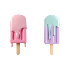Melting Summer Treats: Two popsicles, one pink and one lavender, with melting drips, presented against a clean backdrop.  A refreshing and vibrant image perfect for summer themes. 