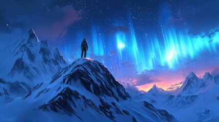 Snowy mountain peak with a lone figure, vibrant aurora borealis overhead. Illustrates achievement, solitude, wonder, ideal for adventure, travel themes.