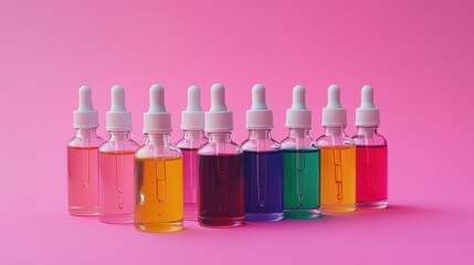 Colorful dropper bottles on pink