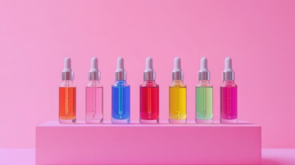 Colorful oils, dropper bottles, pink backdrop