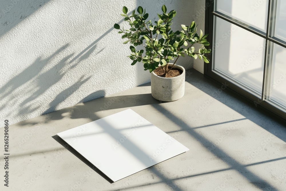 Poster a blank white vertical rectangle poster or business card mockup is set against a smooth gray concret