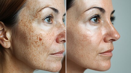 A remarkable skincare transformation showing before and after effects of facial treatments. The skin appears more radiant, smooth, and youthful, highlighting the benefits of skincare and rejuvenation