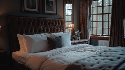 Obraz premium Cozy bedroom, forest view, hotel, morning calm