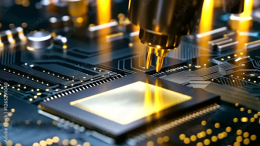 Poster a hyper-detailed macro shot of a circuit board, where a robotic arm aligns a microprocessor onto a g
