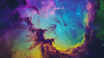 Vibrant cosmic scene with purple, blue, green, and yellow hues, speckled with white stars. Ethereal, dreamy atmosphere with a bright yellow glow at the bottom. Ideal for space or sci-fi themes
