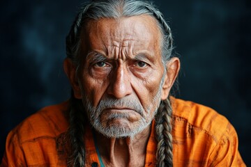 Obraz premium Portrait of an elderly man with braided hair wearing an orange shirt against a dark background