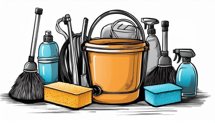Hand drawn design template of cleaning equipments, sponge, vacuum, spray, broom, bucket. Doodle sketch style. Clean element drawn by digital brush-pen. Illustration for icon, frame, background, banner