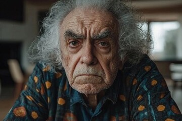 Elderly man with expressive face sitting indoors wearing polka dot shirt